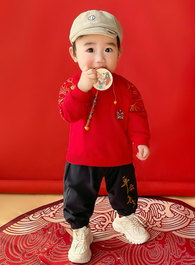 男宝宝一b周岁宴中国风红色厚棉Tz抓周衣服纯棉男童唐装礼服秋天