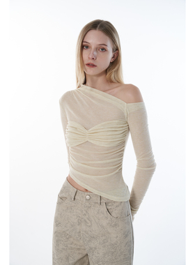 ROLLINGAGE 不规则抽褶细节斜肩长袖打底衫T恤修身显瘦上衣