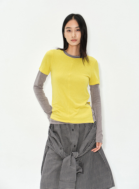 ROLLINGAGE 正肩撞色叠穿两件套修身长袖上衣针织t恤 黄色/灰色