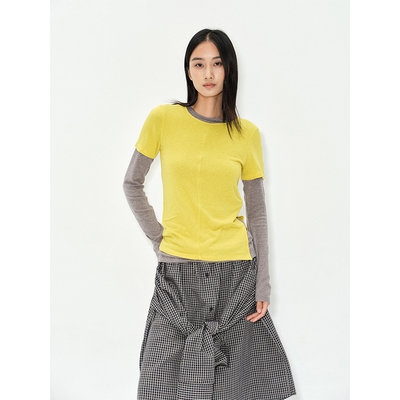 ROLLINGAGE 正肩撞色叠穿两件套修身长袖上衣针织t恤 黄色/灰色