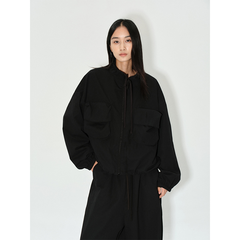 ROLLINGAGE 立体口袋运动夹克外套运动风休闲廓形上衣 米白/黑