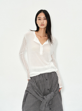 ROLLINGAGE 蕾丝拼接亨利领长袖打底衫独特设计感微透针织上衣