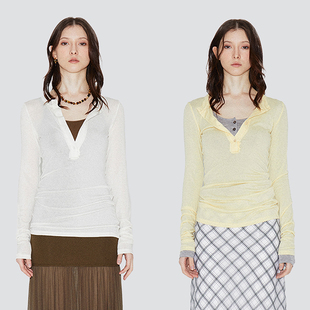 ROLLINGAGE 2025夏季亨利领毛边细节长袖打底衫女时髦感T恤上衣