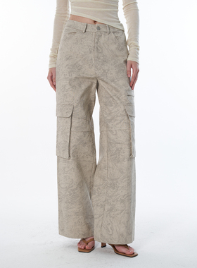 ROLLINGAGE 复古立体多口袋米白花纹设计感时髦高腰直筒工装裤