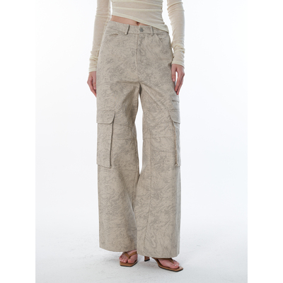 ROLLINGAGE 复古立体多口袋米白花纹设计感时髦高腰直筒工装裤