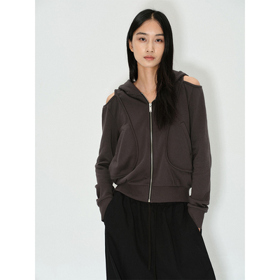 ROLLINGAGE 露肩解构短款连帽卫衣宽松百搭宽松拉链厚外套