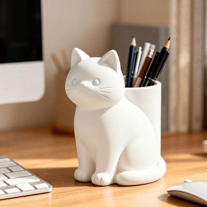 3D打印可爱猫咪造型笔筒桌面收纳神器简约ins风办公文具整理好物