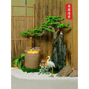 室内景观造景客厅玄关茶室楼梯下布置仿真迎客松水景流水装饰摆件