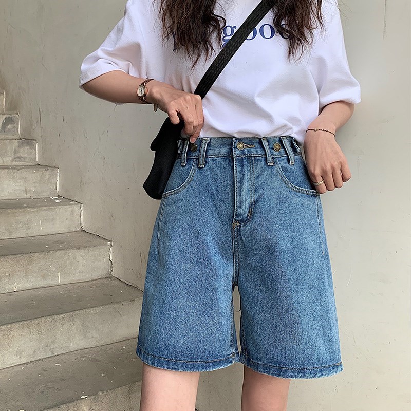 大码牛仔短d裤五分女宽松胖妹妹mm高腰港味阔腿裤T梨型身材穿搭显