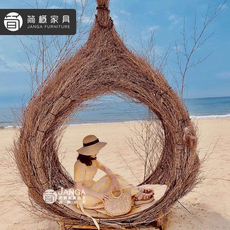 巴厘岛网红鸟巢秋千景区打卡婚纱拍摄道具创意圆形床户外吊篮