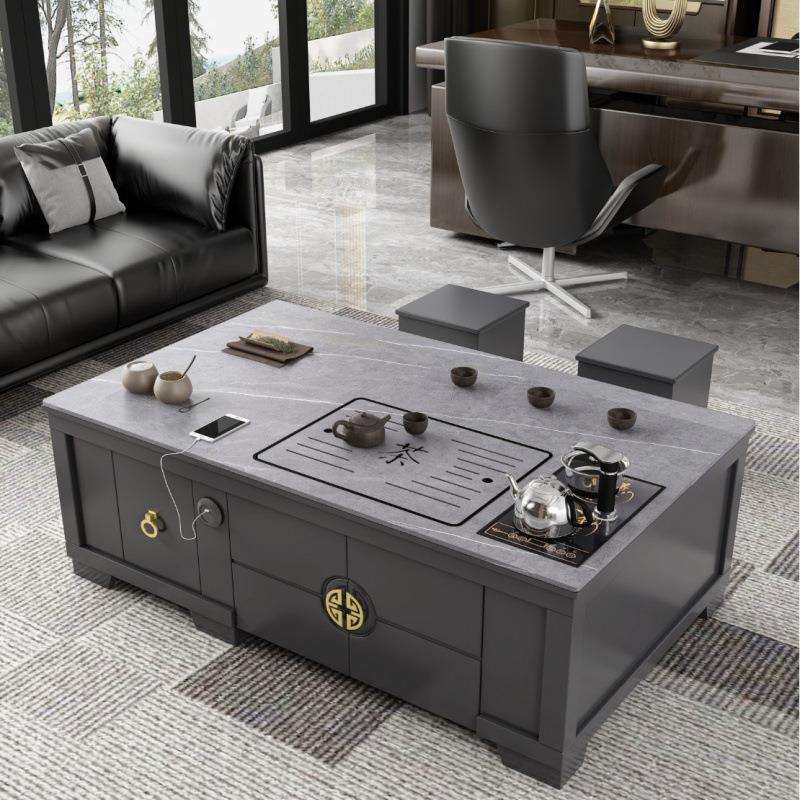 轻奢岩板茶台办公室茶桌烧水壶一体茶桌椅组合家用茶几阳台泡茶桌