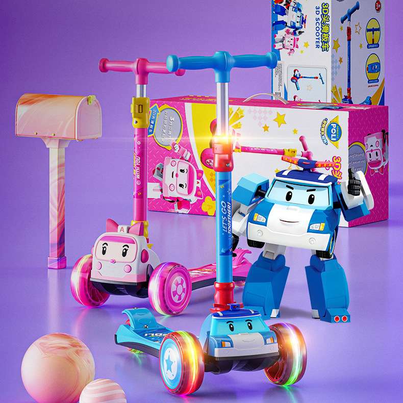 儿童滑板车平衡车闪光scooter踏板车三轮滑板车变形警车珀利3-8岁