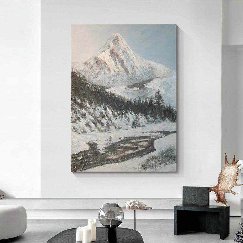 森林雪山挂画餐厅简约风肌理画客厅纯手绘油画玄关白色风景装饰画