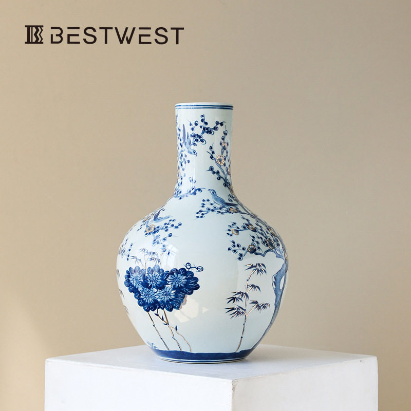 新中式青花陶瓷花瓶摆件高级感客厅玄关插花装饰花瓶酒店民宿摆设