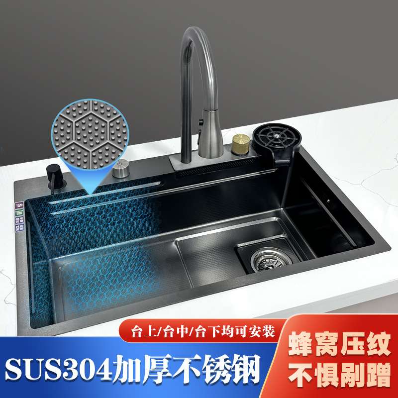 蜂窝压纹sus304不锈钢大单槽家用手工加厚厨房洗碗洗菜池工厂直发