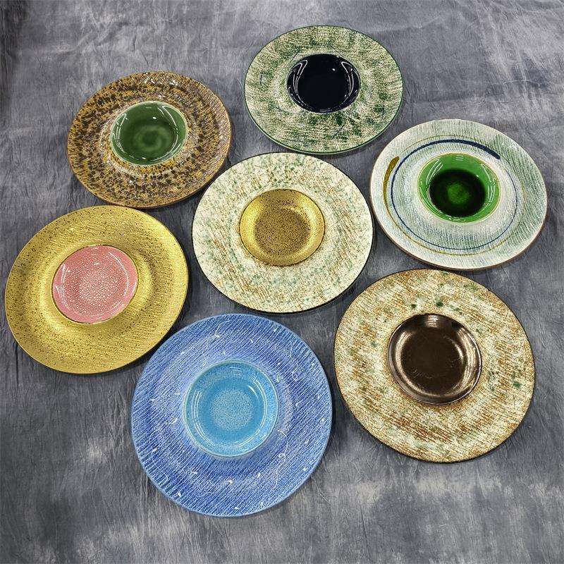 日式釉下彩陶瓷西餐盘沙拉托盘意大利面盘子草帽10飞碟盘餐厅