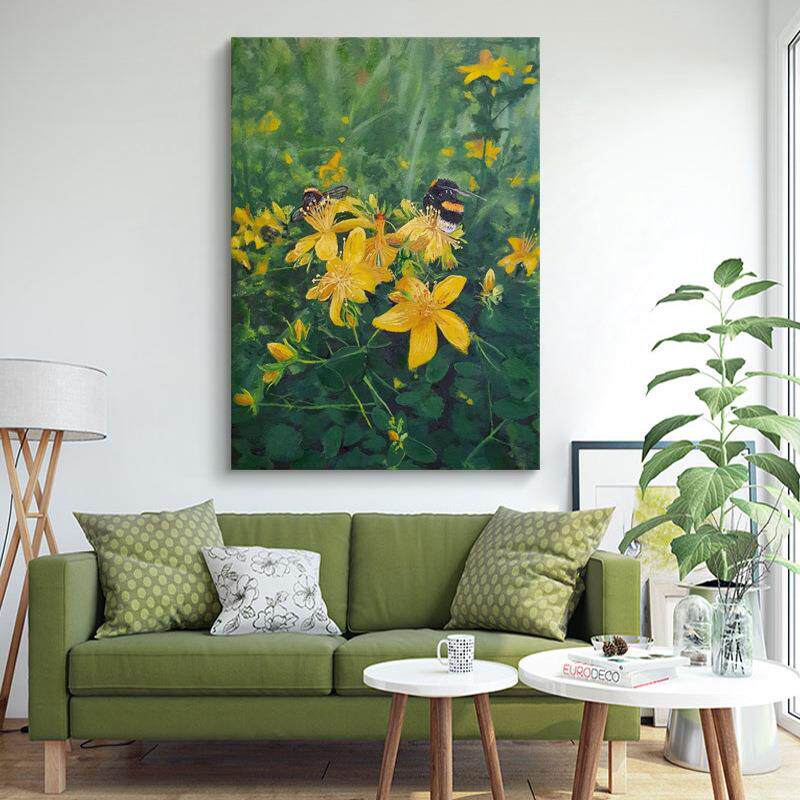 小清新纯手绘油画新中式蜜蜂花卉肌理画客厅田园风装饰画玄关挂画