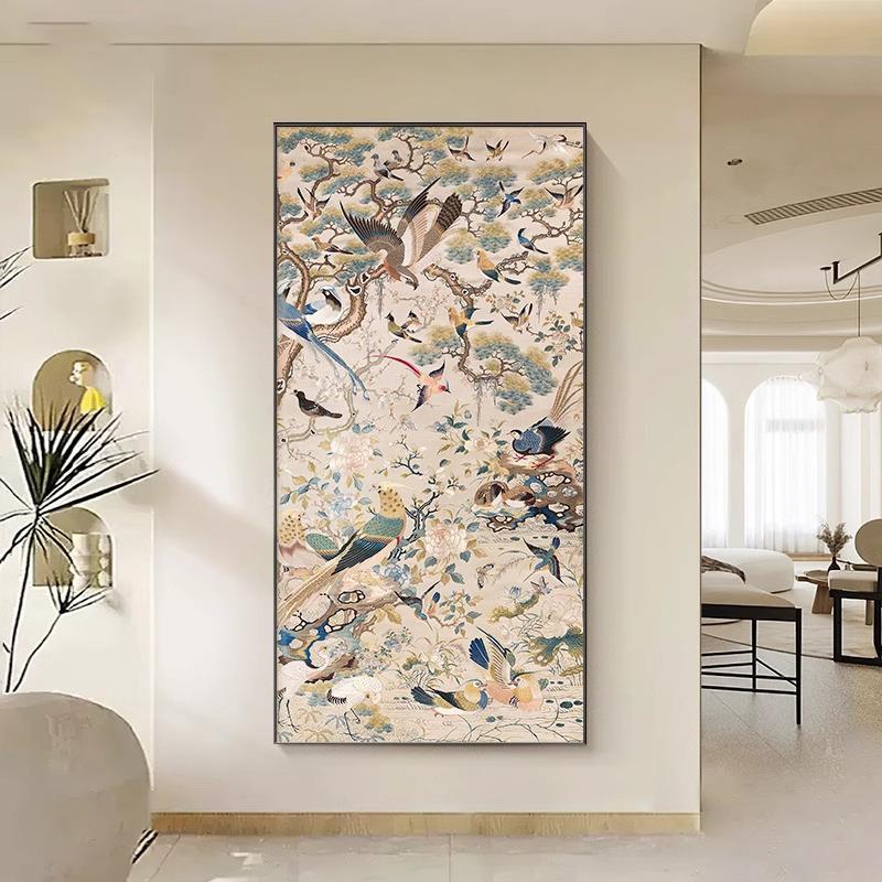 百鸟图中古风入户门玄关装饰画法式复古南洋风走廊过道尽头墙挂画