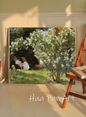 白玫瑰花丛绿色风景油画印象派复古艺术挂画莫奈客厅卧室装饰画