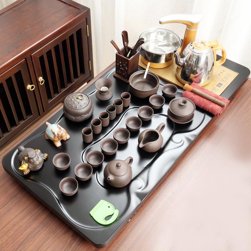 整块黑檀木茶盘陶瓷紫砂茶具套装办公家用全自动四合一电器上水