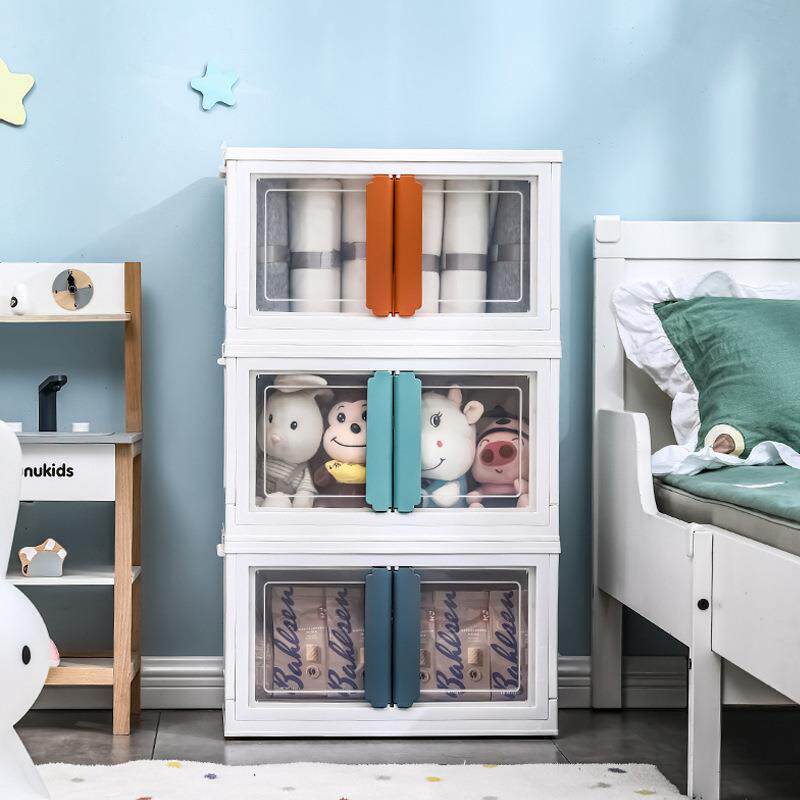 宿舍带轮可滑动叠放双开门书本折叠收纳箱家用透明塑料组合收纳柜