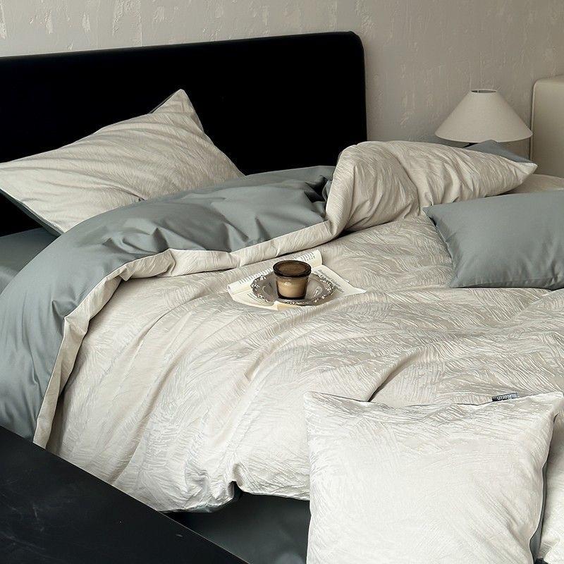 A类~高级感100支提花全棉四件套简约磨毛贡缎长绒棉纯棉被套床单4