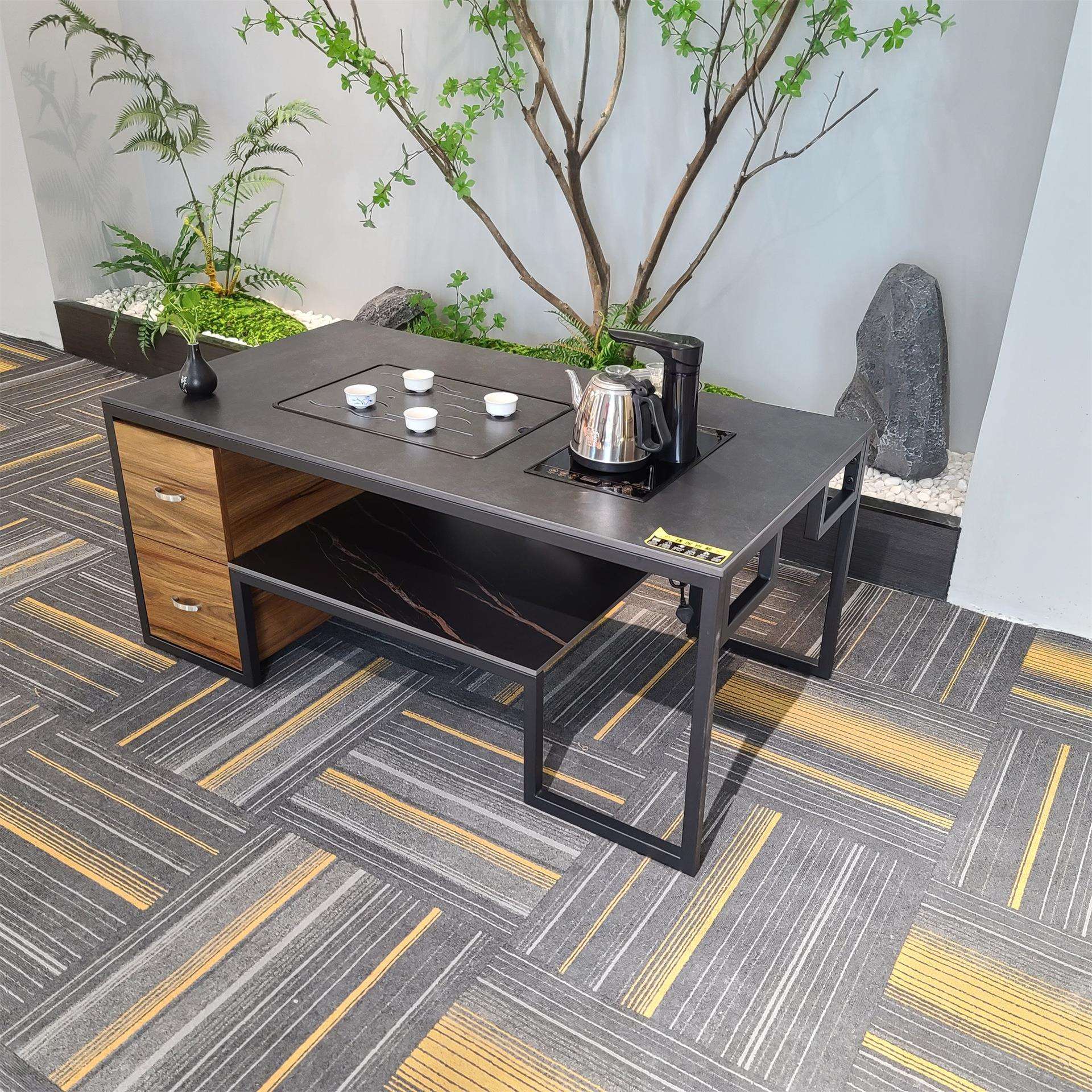 办公室茶几简约现代实木茶几泡茶茶几深圳不锈钢黑色茶几