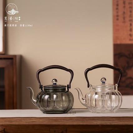新款创意胡桃木蒸煮提梁壶星空盖子南瓜壶身玻璃煮茶壶电陶炉可用