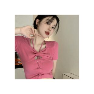 夏季跨境女装新款 Y2K纯欲辣妹风绑带蝴蝶结短款短袖正肩T恤上衣