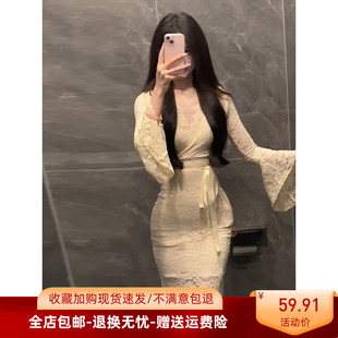 連衣裙女早春新款 純欲氣質(zhì)V領(lǐng)蕾絲長(zhǎng)袖 綁帶收腰顯瘦高級(jí)感包臀裙