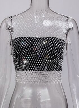 欧美ins网红诱惑挑逗性感烫钻情趣亮钻黑色渔网弹力背心DYJ60915