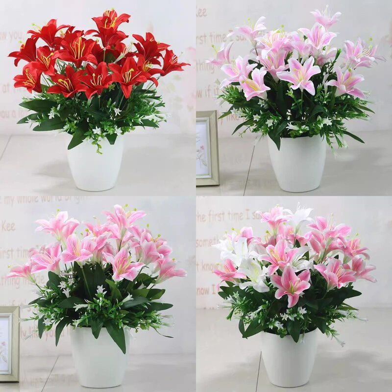 塑料花假花摆设绢花束摆件花瓶插花百合花仿真花套装餐桌客厅装饰