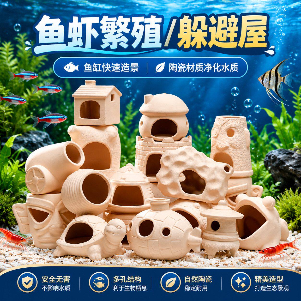 大口径鹦鹉鱼陶瓷躲避屋繁殖罐水族箱鱼虾藏身造景陶罐