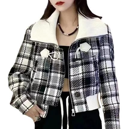 外套女减龄秋冬加绒加厚棉衣棉服新款洋气短款2024格子冬装小个子