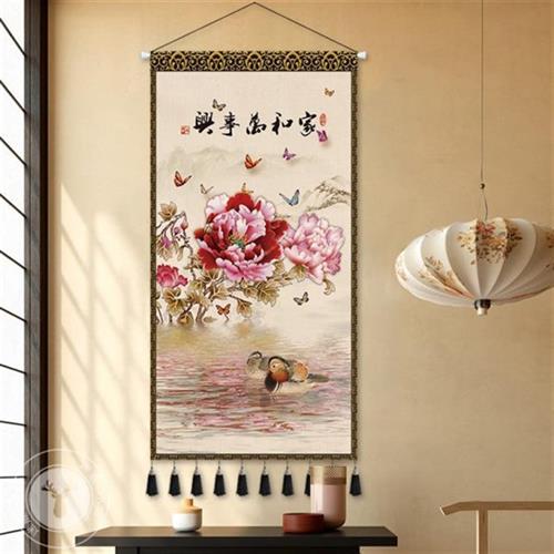 现代中式富贵牡丹布艺挂画客厅装饰画入户玄关挂布背景布竖版挂毯图片