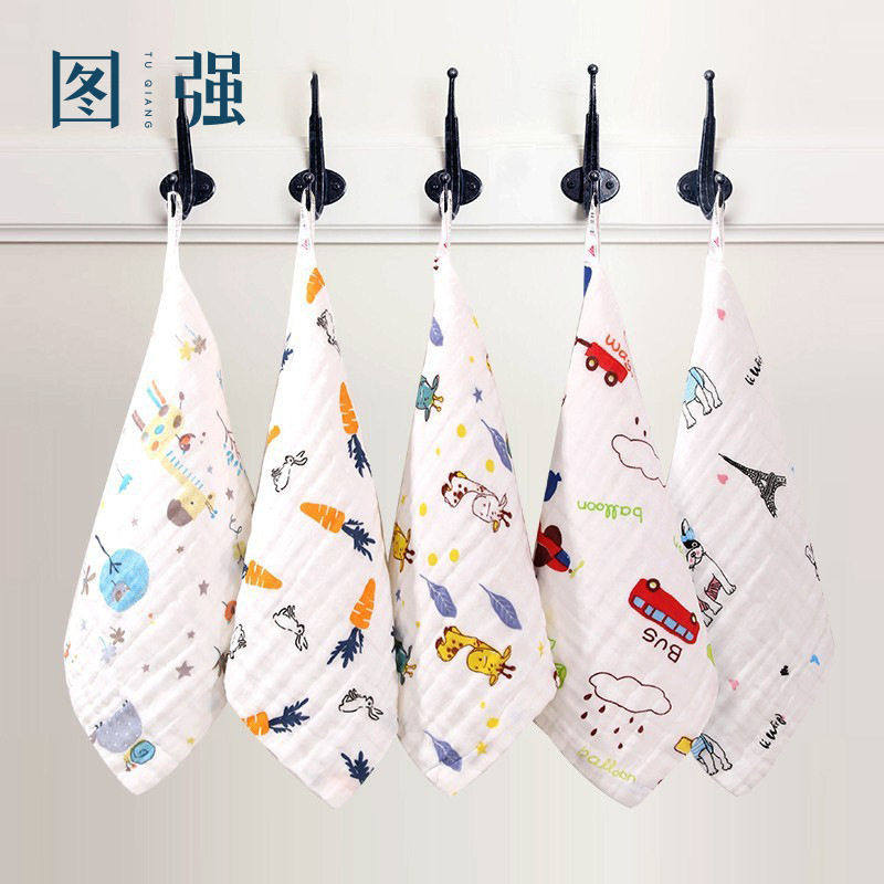 图强纯棉5条纱布口水巾新生婴儿用品柔软洗脸毛巾小方巾童巾