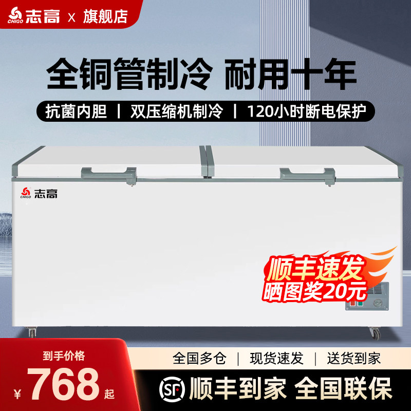 志高铜管无霜冰柜商用大容量全冷冻冷藏柜一级节能速冻卧式冷柜