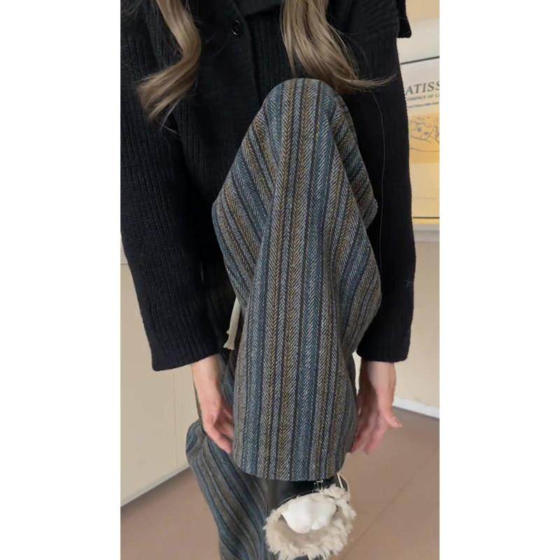 复子古条纹加绒裤女加秋冬季毛懒呢厚L-70179L慵风宽松直筒宽松休