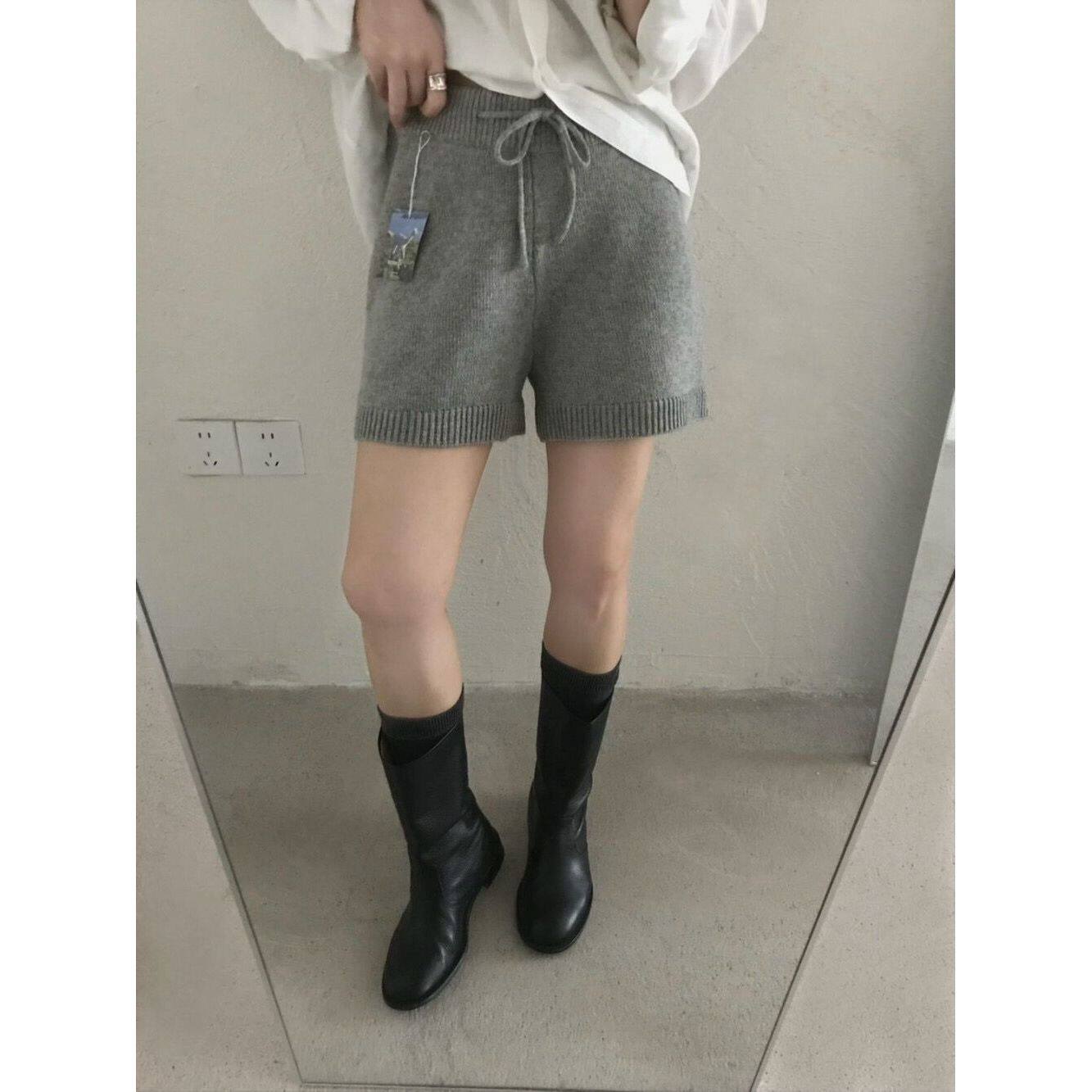 灰色简约风chic新款高腰宽松阔腿针织短裤女松紧腰休闲裤抽绳绑带