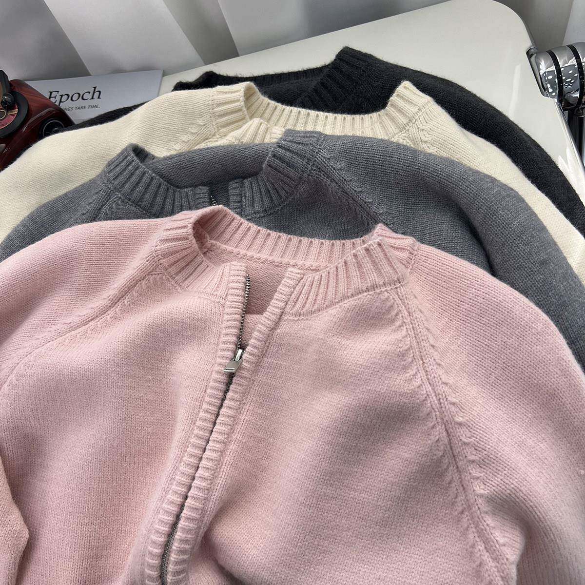 双拉链领圆毛衣外套女秋计冬加厚穿韩系宽松慵懒风VHP设感外针织