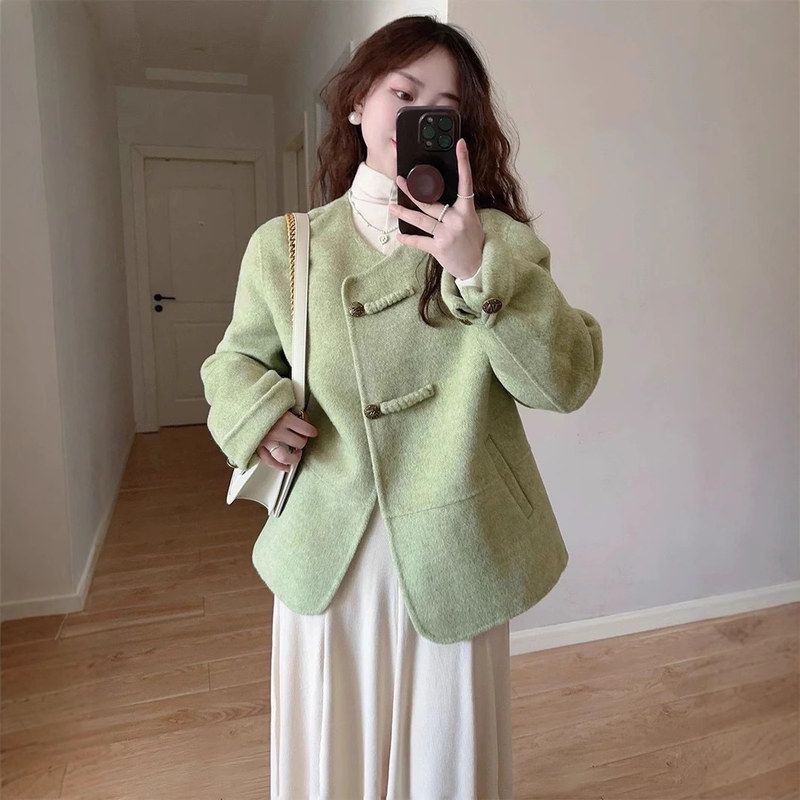 新中式国风绿色盘扣外套女秋冬季