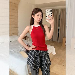 纯欲风辣妹高级感拼接挂脖背心女2025新款夏日ootd穿搭无袖小上衣