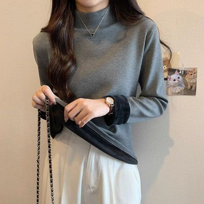 深灰色半高领长袖T恤女洋气小衫