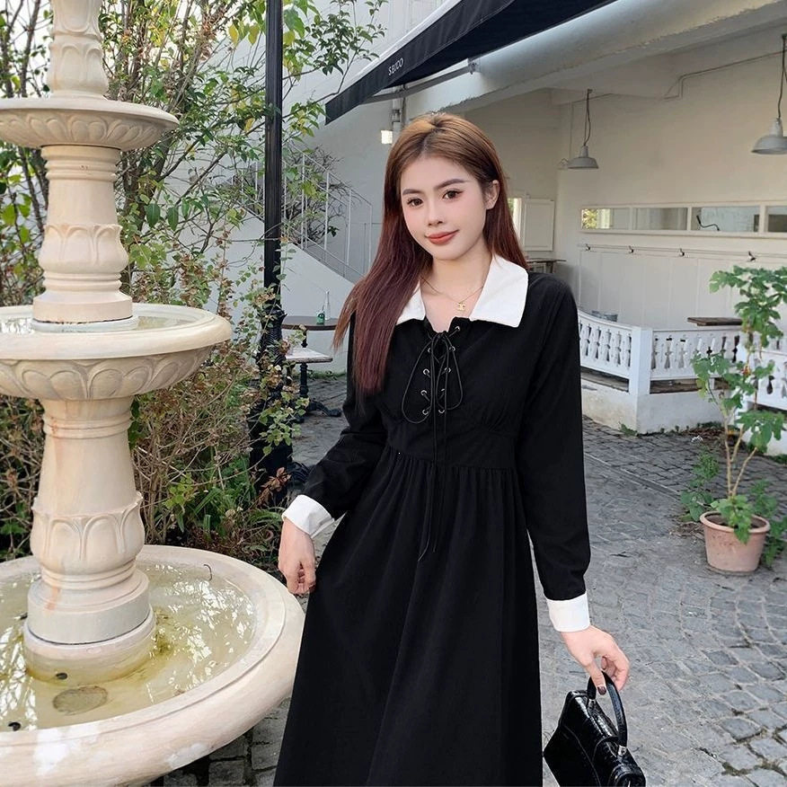 早秋季长袖黑色连衣裙子女秋冬2026新款韩系穿搭一整套初秋季长裙