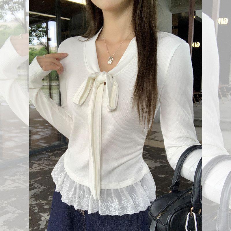 纯欲风蕾丝蝴蝶结绑带长袖打底