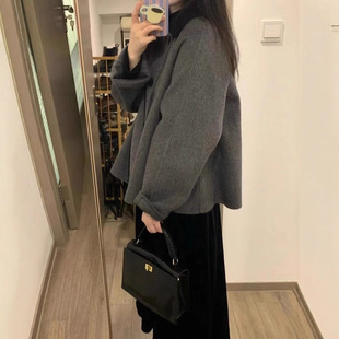 灰色短款呢子大衣女秋冬娃娃领复古加厚小个子韩系赫本风毛呢外套