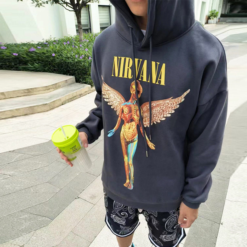 欧美男装嘻哈潮牌侃爷复古摇滚涅槃乐队天使加绒连帽卫衣帽衫