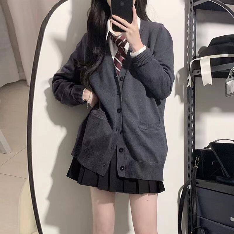 JK毛衣开衫外套女秋季新款学院风宽松校供感制服深灰长袖针织上衣