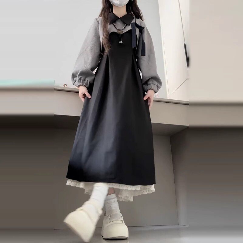 法式黑色长袖连衣裙子女早秋季2025新款小个子春款一整套穿搭套装
