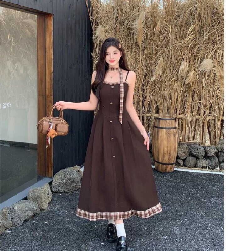 大码胖mm法式复古格子拼接吊带连衣裙女秋冬新款显瘦短款上衣套装